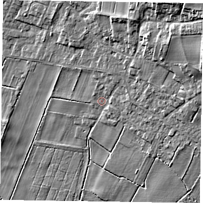 Shaded relief map of the ground around DN92DY, computed from Environment Agency LiDAR. The ground here sits at about 5 m above sea level and falls 23 m across the surrounding 800 m. Surface water reaching this point runs off ground lying to the north-east, 14.1 m higher.