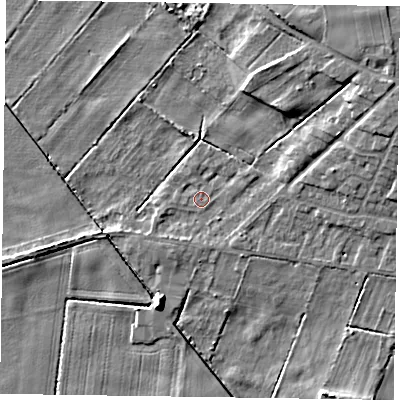 Shaded relief map of the ground around DN92DZ, computed from Environment Agency LiDAR. The ground here sits at about 2 m above sea level and falls 8 m across the surrounding 800 m. Surface water reaching this point runs off ground lying to the east-north-east, 5.7 m higher.