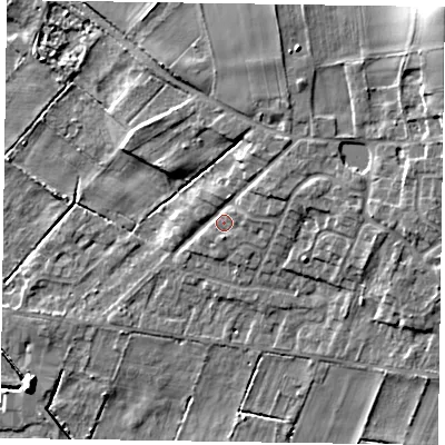 Shaded relief map of the ground around DN92EF, computed from Environment Agency LiDAR. The ground here sits at about 5 m above sea level and falls 18 m across the surrounding 800 m. Surface water reaching this point runs off ground lying to the north-east, 3.3 m higher.