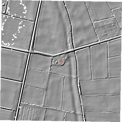 Shaded relief map of the ground around DN92EJ, computed from Environment Agency LiDAR. The ground here sits at about 1 m above sea level and falls 5 m across the surrounding 800 m. Surface water reaching this point runs off ground lying to the west-south-west, 1.0 m higher.