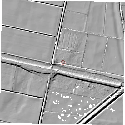 Shaded relief map of the ground around DN92EN, computed from Environment Agency LiDAR. The ground here sits at about 1 m above sea level and falls 7 m across the surrounding 800 m. Surface water reaching this point runs off ground lying to the west, 3.7 m higher.