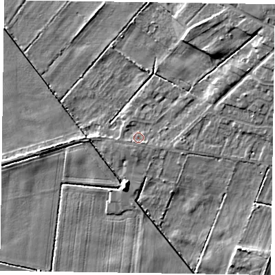 Shaded relief map of the ground around DN92EQ, computed from Environment Agency LiDAR. The ground here sits at about 2 m above sea level and falls 8 m across the surrounding 800 m. Surface water reaching this point runs off ground lying to the east-north-east, 4.4 m higher.