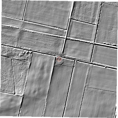 Shaded relief map of the ground around DN92ES, computed from Environment Agency LiDAR. The ground here sits at about 3 m above sea level and falls 4 m across the surrounding 800 m. Surface water reaching this point runs off ground lying to the west, 1.5 m higher.