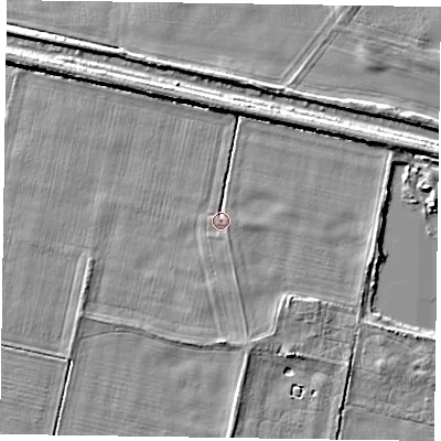 Shaded relief map of the ground around DN92ET, computed from Environment Agency LiDAR. The ground here sits at about 3 m above sea level and falls 4 m across the surrounding 800 m. Surface water reaching this point runs off ground lying to the south-south-east, 1.9 m higher.