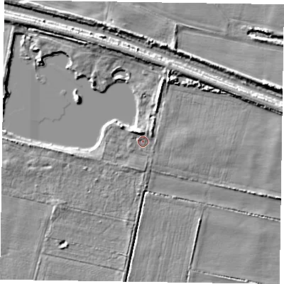 Shaded relief map of the ground around DN92EU, computed from Environment Agency LiDAR. The ground here sits at about 4 m above sea level and falls 7 m across the surrounding 800 m. Surface water reaching this point runs off ground lying to the north-north-west, 4.5 m higher.