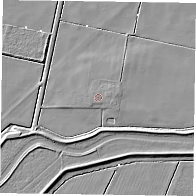Shaded relief map of the ground around DN92EW, computed from Environment Agency LiDAR. The ground here sits at about 3 m above sea level and falls 7 m across the surrounding 800 m. Surface water reaching this point runs off ground lying to the east-south-east, 0.6 m higher.
