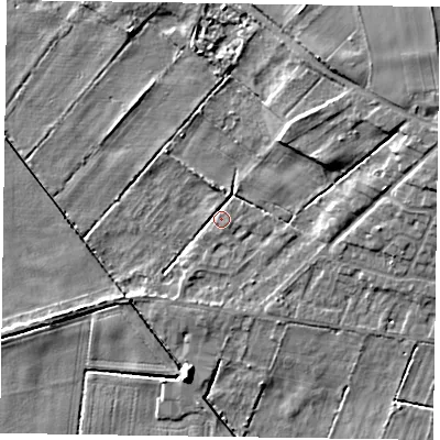 Shaded relief map of the ground around DN92FR, computed from Environment Agency LiDAR. The ground here sits at about 2 m above sea level and falls 9 m across the surrounding 800 m. Surface water reaching this point runs off ground lying to the north-east, 7.0 m higher.