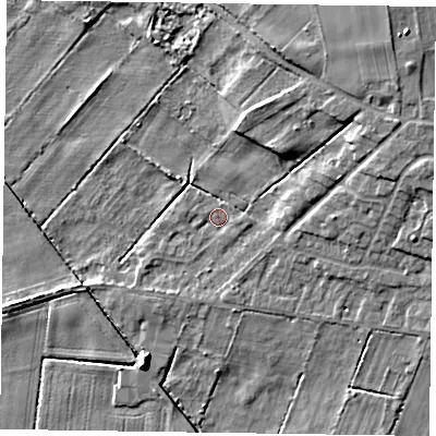 Shaded relief map of the ground around DN92FS, computed from Environment Agency LiDAR. The ground here sits at about 2 m above sea level and falls 9 m across the surrounding 800 m. Surface water reaching this point runs off ground lying to the east-south-east, 1.3 m higher.