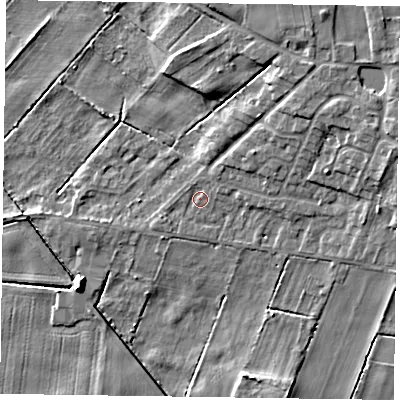 Shaded relief map of the ground around DN92HB, computed from Environment Agency LiDAR. The ground here sits at about 3 m above sea level and falls 8 m across the surrounding 800 m. Surface water reaching this point runs off ground lying to the east-north-east, 5.2 m higher.
