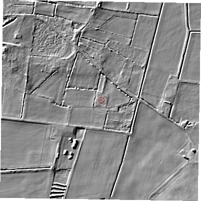Shaded relief map of the ground around DN92JW, computed from Environment Agency LiDAR. The ground here sits at about 2 m above sea level and falls 6 m across the surrounding 800 m. Surface water reaching this point runs off ground lying to the south-west, 1.2 m higher.