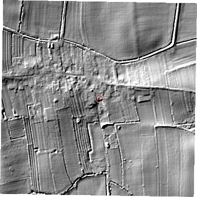 Shaded relief map of the ground around DN92LT, computed from Environment Agency LiDAR. The ground here sits at about 7 m above sea level and falls 10 m across the surrounding 800 m. Surface water reaching this point runs off ground lying to the west-north-west, 1.6 m higher.