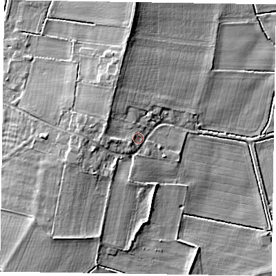 Shaded relief map of the ground around DN92LY, computed from Environment Agency LiDAR. The ground here sits at about 5 m above sea level and falls 8 m across the surrounding 800 m. Surface water reaching this point runs off ground lying to the west, 3.0 m higher.