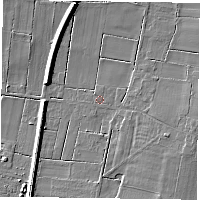 Shaded relief map of the ground around DN92NG, computed from Environment Agency LiDAR. The ground here sits at about 4 m above sea level and falls 9 m across the surrounding 800 m. Surface water reaching this point runs off ground lying to the east-south-east, 4.5 m higher.