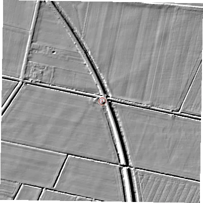 Shaded relief map of the ground around DN92NW, computed from Environment Agency LiDAR. The ground here sits at about 3 m above sea level and falls 5 m across the surrounding 800 m. Surface water reaching this point runs off ground lying to the east-north-east, 2.4 m higher.