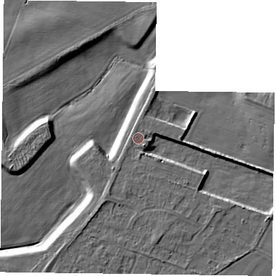 Shaded relief map of the ground around DN93AX, computed from Environment Agency LiDAR. The ground here sits at about 5 m above sea level and falls 7 m across the surrounding 800 m. Surface water reaching this point runs off ground lying to the south-east, 1.3 m higher.