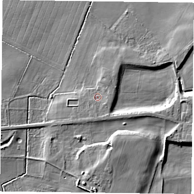 Shaded relief map of the ground around DN93BB, computed from Environment Agency LiDAR. The ground here sits at about 4 m above sea level and falls 8 m across the surrounding 800 m. Surface water reaching this point runs off ground lying to the south-south-east, 1.9 m higher.