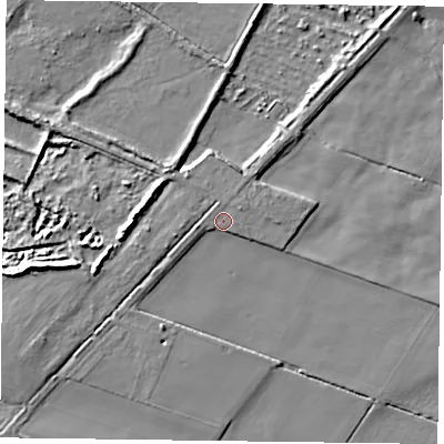 Shaded relief map of the ground around DN93DU, computed from Environment Agency LiDAR. The ground here sits at about 4 m above sea level and falls 10 m across the surrounding 800 m. Surface water reaching this point runs off ground lying to the west, 1.9 m higher.
