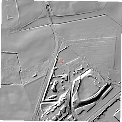 Shaded relief map of the ground around DN93DW, computed from Environment Agency LiDAR. The ground here sits at about 6 m above sea level and falls 18 m across the surrounding 800 m. Surface water reaching this point runs off ground lying to the south-south-east, 11.0 m higher.