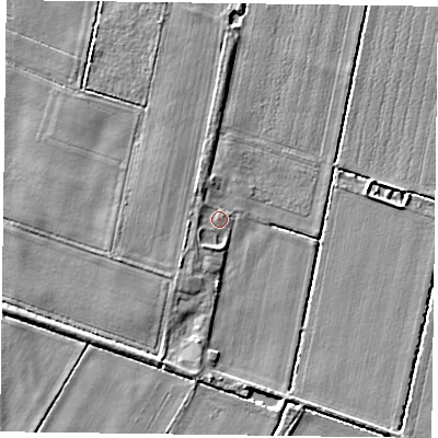 Shaded relief map of the ground around DN93DY, computed from Environment Agency LiDAR. The ground here sits at about 1 m above sea level and falls 4 m across the surrounding 800 m. Surface water reaching this point runs off ground lying to the south-south-west, 1.4 m higher.