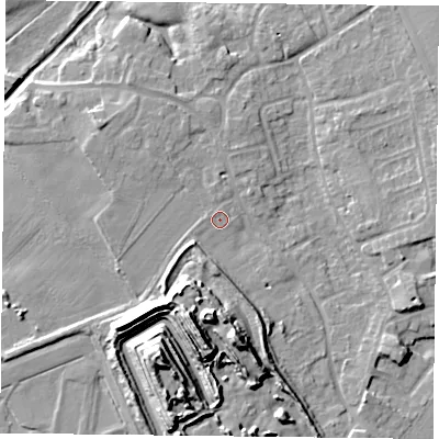 Shaded relief map of the ground around DN93JZ, computed from Environment Agency LiDAR. The ground here sits at about 6 m above sea level and falls 19 m across the surrounding 800 m. Surface water reaching this point runs off ground lying to the south-west, 3.5 m higher.