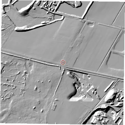 Shaded relief map of the ground around DN93NT, computed from Environment Agency LiDAR. The ground here sits at about 4 m above sea level and falls 17 m across the surrounding 800 m. Surface water reaching this point runs off ground lying to the west, 1.2 m higher.