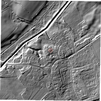 Shaded relief map of the ground around DN93PD, computed from Environment Agency LiDAR. The ground here sits at about 5 m above sea level and falls 7 m across the surrounding 800 m. Surface water reaching this point runs off ground lying to the west-south-west, 1.2 m higher.