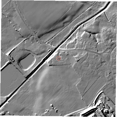 Shaded relief map of the ground around DN93QE, computed from Environment Agency LiDAR. The ground here sits at about 7 m above sea level and falls 19 m across the surrounding 800 m. Surface water reaching this point runs off ground lying to the west-south-west, 1.7 m higher.