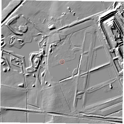 Shaded relief map of the ground around DN93QY, computed from Environment Agency LiDAR. The ground here sits at about 6 m above sea level and falls 19 m across the surrounding 800 m. Surface water reaching this point runs off ground lying to the east-south-east, 3.1 m higher.