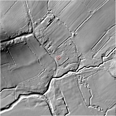Shaded relief map of the ground around DT101EX, computed from Environment Agency LiDAR. The ground here sits at about 46 m above sea level and falls 23 m across the surrounding 800 m. Surface water reaching this point runs off ground lying to the east-south-east, 0.7 m higher.