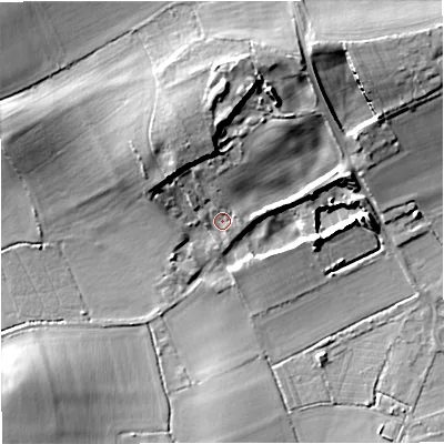 Shaded relief map of the ground around DT101HS, computed from Environment Agency LiDAR. The ground here sits at about 62 m above sea level and falls 22 m across the surrounding 800 m. Surface water reaching this point runs off ground lying to the north-north-west, 14.7 m higher.