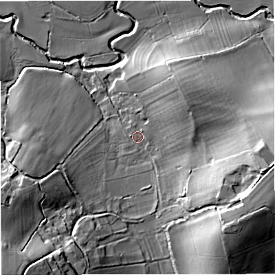 Shaded relief map of the ground around DT101JX, computed from Environment Agency LiDAR. The ground here sits at about 59 m above sea level and falls 29 m across the surrounding 800 m. Surface water reaching this point runs off ground lying to the east, 2.2 m higher.
