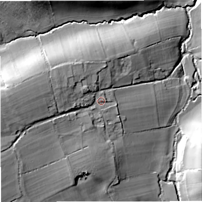 Shaded relief map of the ground around DT102AL, computed from Environment Agency LiDAR. The ground here sits at about 80 m above sea level and falls 32 m across the surrounding 800 m. Surface water reaching this point runs off ground lying to the west, 16.0 m higher.