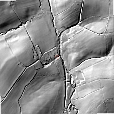 Shaded relief map of the ground around DT102AP, computed from Environment Agency LiDAR. The ground here sits at about 70 m above sea level and falls 26 m across the surrounding 800 m. Surface water reaching this point runs off ground lying to the east-north-east, 21.1 m higher.