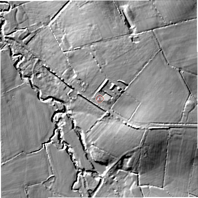 Shaded relief map of the ground around DT102AU, computed from Environment Agency LiDAR. The ground here sits at about 76 m above sea level and falls 18 m across the surrounding 800 m. Surface water reaching this point runs off ground lying to the east, 11.5 m higher.
