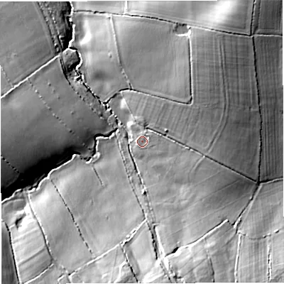 Shaded relief map of the ground around DT102BD, computed from Environment Agency LiDAR. The ground here sits at about 69 m above sea level and falls 19 m across the surrounding 800 m. Surface water reaching this point runs off ground lying to the east, 3.0 m higher.