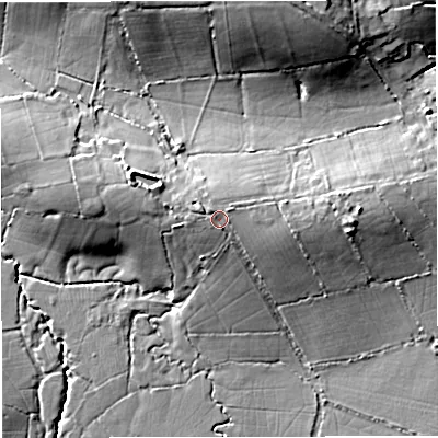 Shaded relief map of the ground around DT102BQ, computed from Environment Agency LiDAR. The ground here sits at about 82 m above sea level and falls 15 m across the surrounding 800 m. Surface water reaching this point runs off ground lying to the north-east, 0.8 m higher.