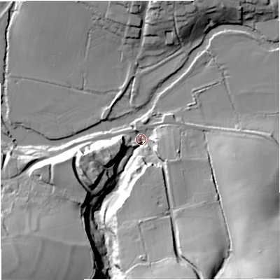 Shaded relief map of the ground around DT102BS, computed from Environment Agency LiDAR. The ground here sits at about 47 m above sea level and falls 35 m across the surrounding 800 m. Surface water reaching this point runs off ground lying to the south-south-east, 34.2 m higher.