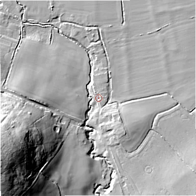 Shaded relief map of the ground around DT102BX, computed from Environment Agency LiDAR. The ground here sits at about 50 m above sea level and falls 54 m across the surrounding 800 m. Surface water reaching this point runs off ground lying to the east-north-east, 2.4 m higher.