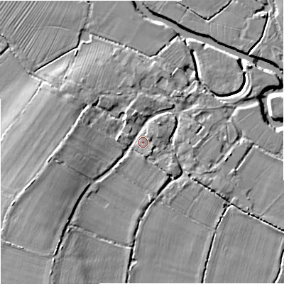 Shaded relief map of the ground around DT102BZ, computed from Environment Agency LiDAR. The ground here sits at about 45 m above sea level and falls 10 m across the surrounding 800 m. Surface water reaching this point runs off ground lying to the south-west, 6.4 m higher.