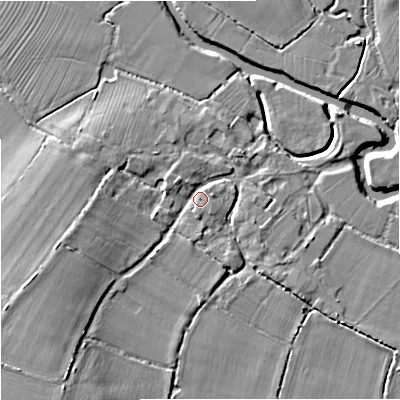 Shaded relief map of the ground around DT102DB, computed from Environment Agency LiDAR. The ground here sits at about 45 m above sea level and falls 10 m across the surrounding 800 m. Surface water reaching this point runs off ground lying to the south-west, 7.0 m higher.