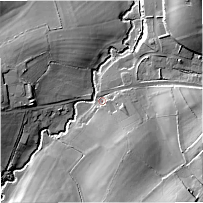Shaded relief map of the ground around DT102HP, computed from Environment Agency LiDAR. The ground here sits at about 55 m above sea level and falls 22 m across the surrounding 800 m. Surface water reaching this point runs off ground lying to the east-south-east, 18.3 m higher.