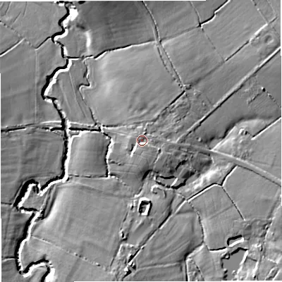 Shaded relief map of the ground around DT102HT, computed from Environment Agency LiDAR. The ground here sits at about 58 m above sea level and falls 9 m across the surrounding 800 m. Surface water reaching this point runs off ground lying to the east-south-east, 1.8 m higher.