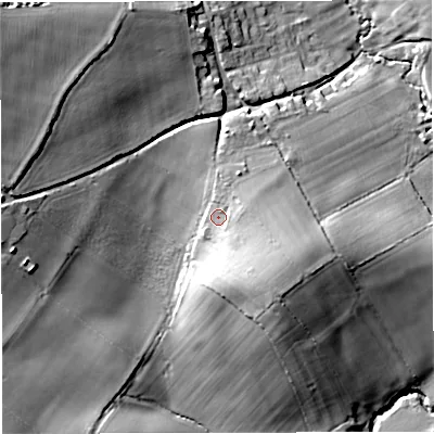 Shaded relief map of the ground around DT102JT, computed from Environment Agency LiDAR. The ground here sits at about 73 m above sea level and falls 36 m across the surrounding 800 m. Surface water reaching this point runs off ground lying to the south-east, 7.2 m higher.