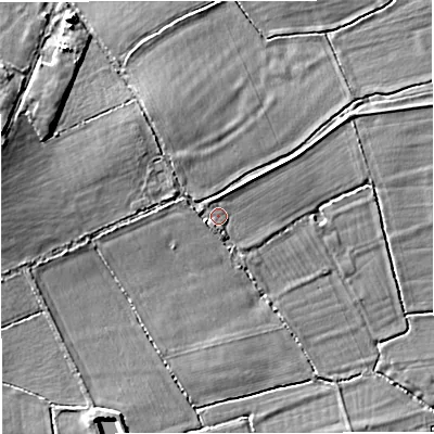 Shaded relief map of the ground around DT102RT, computed from Environment Agency LiDAR. The ground here sits at about 54 m above sea level and falls 8 m across the surrounding 800 m. Surface water reaching this point runs off ground lying to the west, 4.0 m higher.