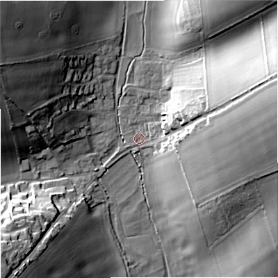 Shaded relief map of the ground around DT110AE, computed from Environment Agency LiDAR. The ground here sits at about 70 m above sea level and falls 34 m across the surrounding 800 m. Surface water reaching this point runs off ground lying to the east, 21.1 m higher.