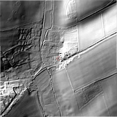 Shaded relief map of the ground around DT110AF, computed from Environment Agency LiDAR. The ground here sits at about 72 m above sea level and falls 36 m across the surrounding 800 m. Surface water reaching this point runs off ground lying to the east-north-east, 32.6 m higher.