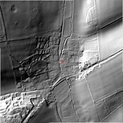 Shaded relief map of the ground around DT110AG, computed from Environment Agency LiDAR. The ground here sits at about 71 m above sea level and falls 34 m across the surrounding 800 m. Surface water reaching this point runs off ground lying to the north-west, 31.8 m higher.