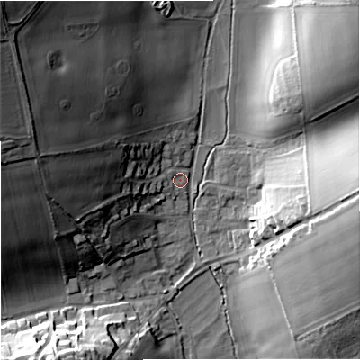 Shaded relief map of the ground around DT110AL, computed from Environment Agency LiDAR. The ground here sits at about 72 m above sea level and falls 38 m across the surrounding 800 m. Surface water reaching this point runs off ground lying to the north-west, 35.5 m higher.