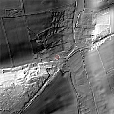 Shaded relief map of the ground around DT110AN, computed from Environment Agency LiDAR. The ground here sits at about 71 m above sea level and falls 39 m across the surrounding 800 m. Surface water reaching this point runs off ground lying to the south-west, 34.9 m higher.