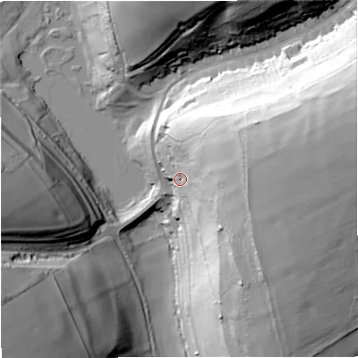 Shaded relief map of the ground around DT110BJ, computed from Environment Agency LiDAR. The ground here sits at about 118 m above sea level and falls 71 m across the surrounding 800 m. Surface water reaching this point runs off ground lying to the east-north-east, 45.8 m higher.